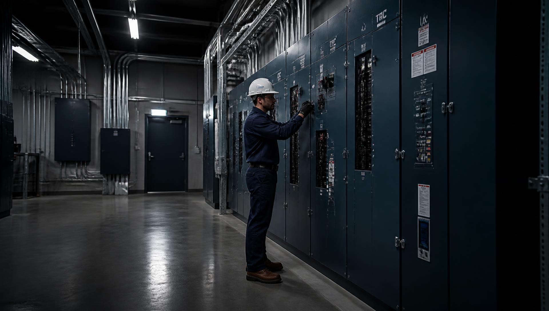Electrician inspecting switchgear in a commercial electrical room