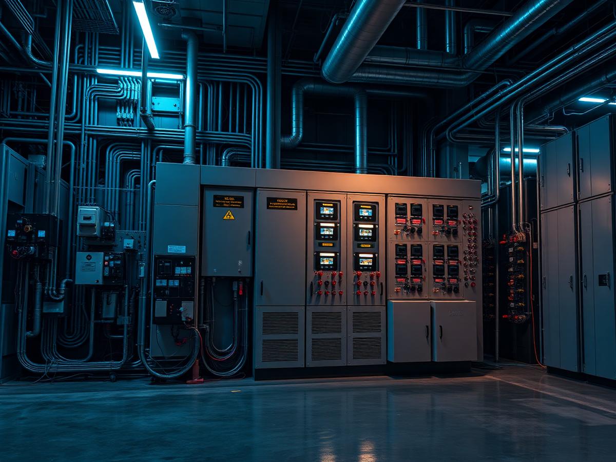 Industrial switchgear and control panels in a plant electrical room